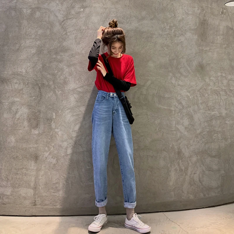 

2021 fashion all-match straight-leg jeans female autumn and winter Korean student high-waisted cropped trousers