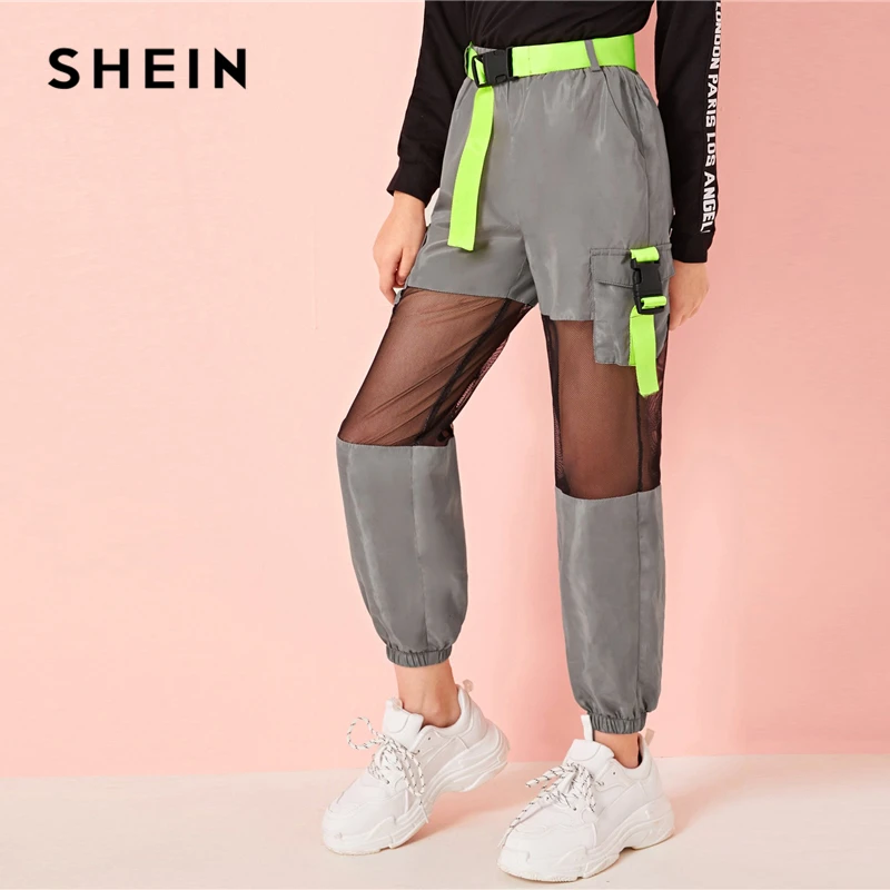 SHEIN/Детские неоновые брюки-карго с пряжкой и сетчатой вставкой, с поясом, для девочек; коллекция года; сезон осень; серые брюки с эластичным поясом и карманами по бокам