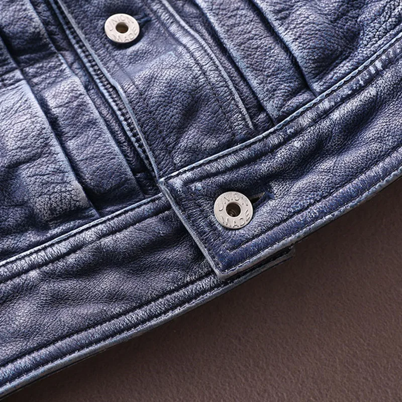 

2021 Vintage Blue Casual Style Genuine Leather Jacket Men Plus Size 3XL Single Breasted Real Natural Cowhide Autumn Short Coat