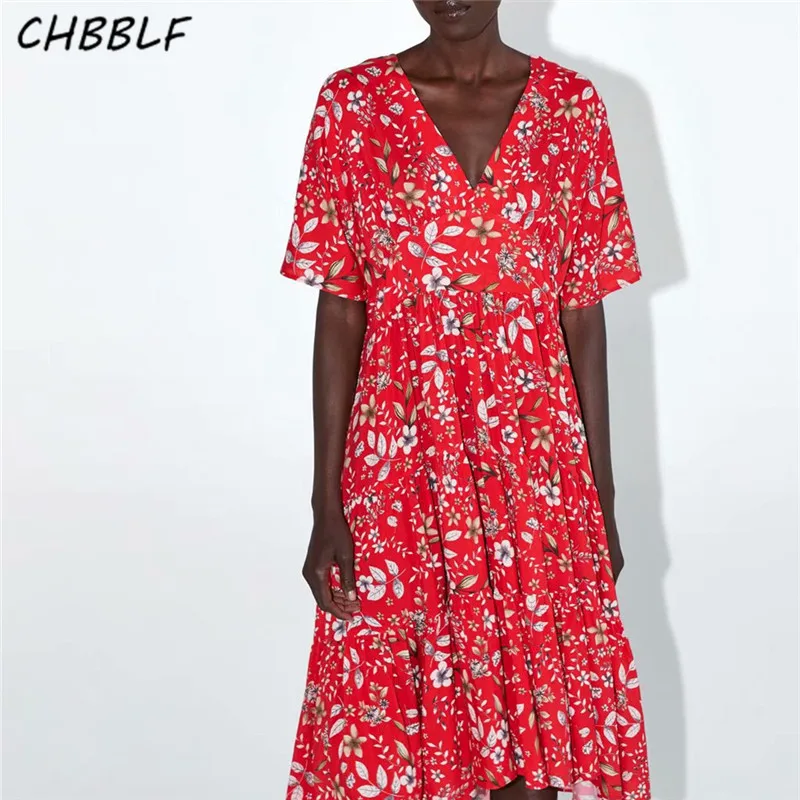 CHBBLF женское винтажное платье миди с принтом короткий рукав женские повседневные