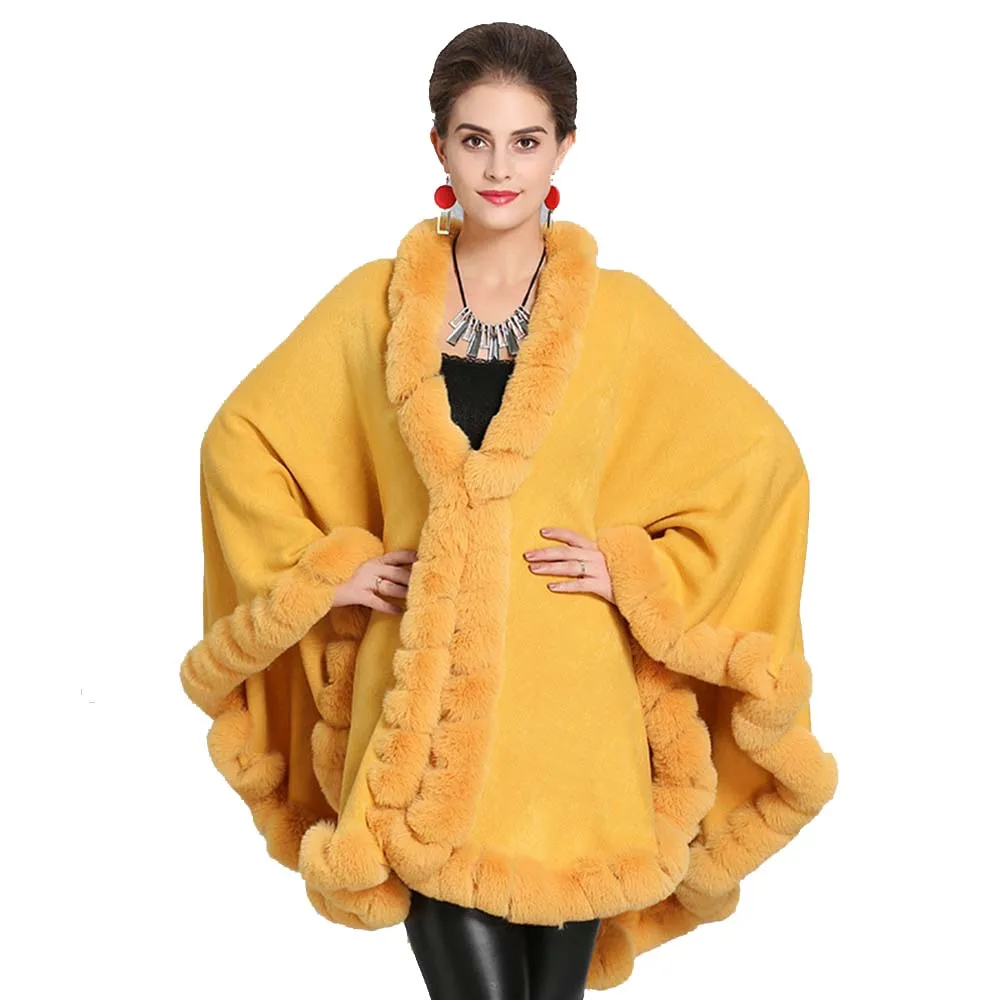 Fashionable fur collar knitted shawl coat ladies cloak