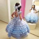 Небесно-голубое Многоярусное Пышное Платье для девочек, праздничное платье с цветами для девочек детская одежда с жемчугом детское платье на день рождения нарядное платье