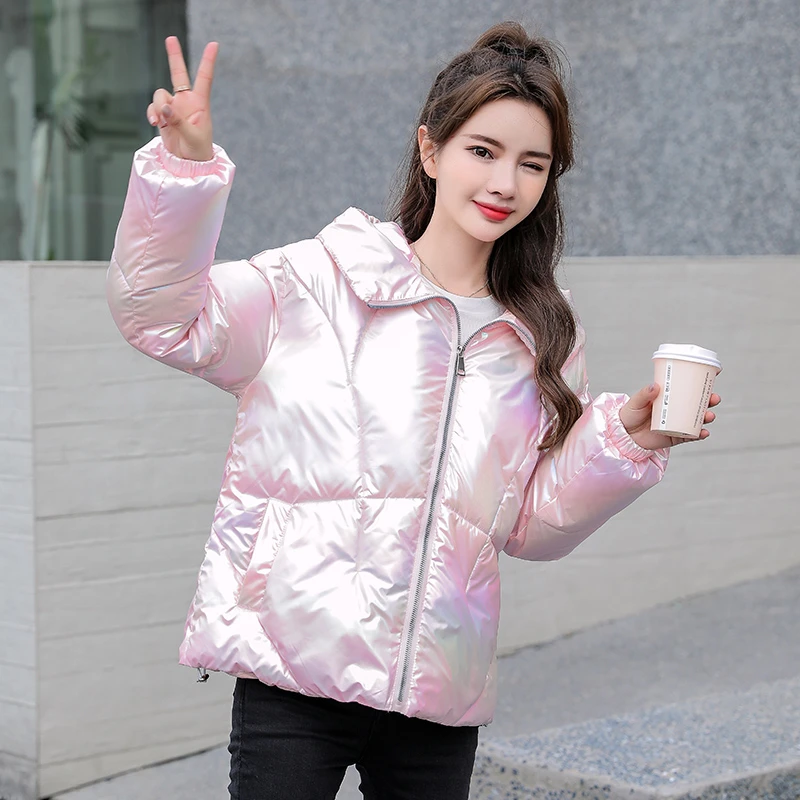 

2021 Thick Warm Down Cotton jackets Women Hooded Tie dye Shiny Fabric Parkas Zipper Padded Winter Jacket Coat Cold Outwear MY33