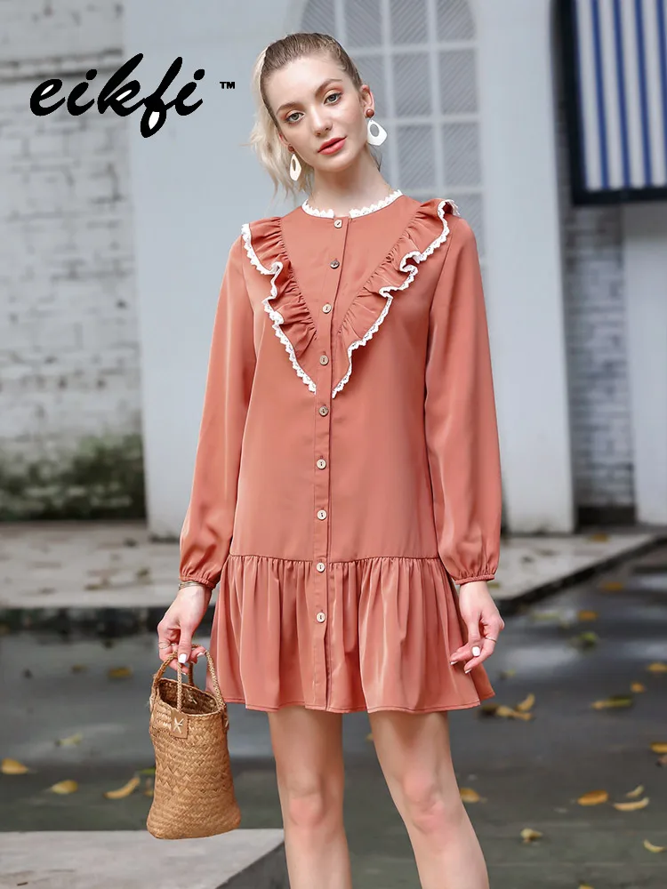 Платье женское винтажное однотонное с длинным рукавом свободное Повседневное