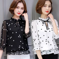 women casual spring summer style polka dot solid chiffon blouses shirt lady long sleeve o neck loose tops