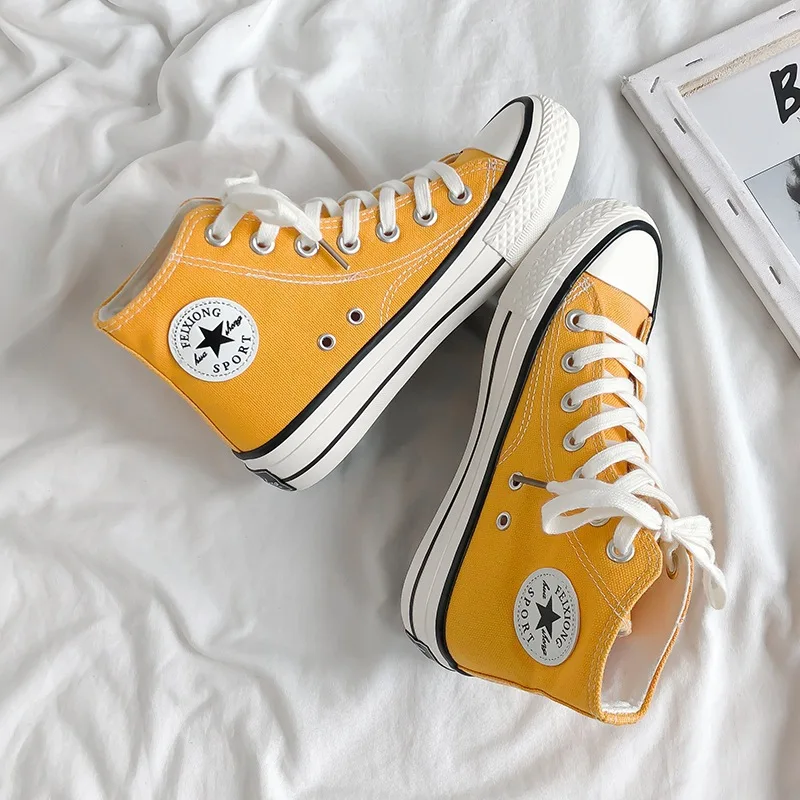 

Classic Women Canvas Shoes High Top Flats Women Vulcanized Shoes Female Casual Shoes Lace-Up High Top Sneakers
