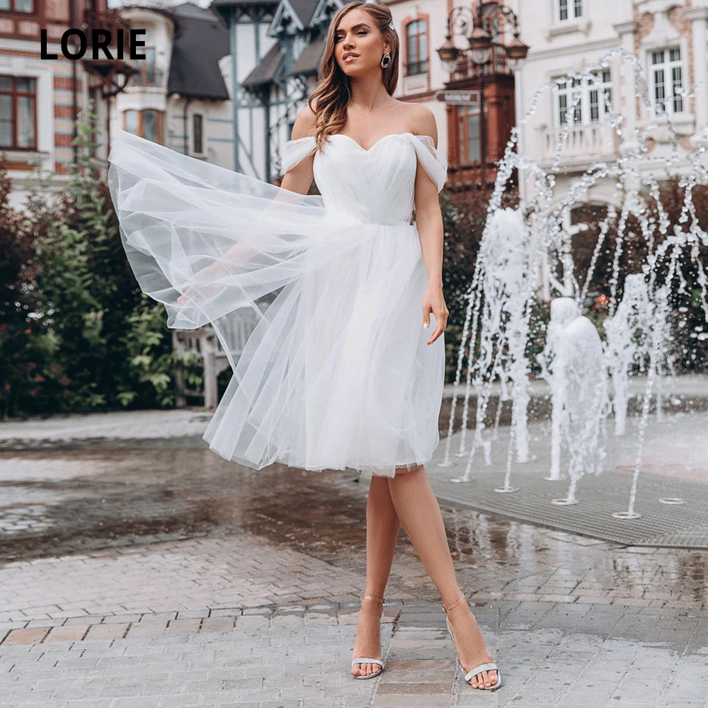 

Белое свадебное платье LORIE, короткие простые пляжные платья а-силуэта с открытыми плечами из тюля длиной до колен, свадебные вечерние платья...