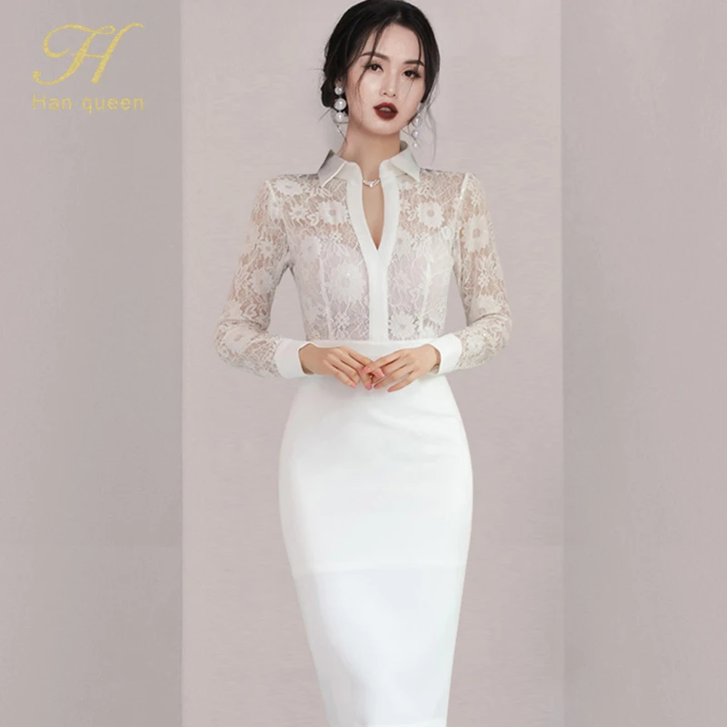 

H Han Queen Sexy Hollow Out Lace Pencil Dress Women Spring New White Sheath Bodycon Dresses Casual Evening Party Club Vestidos