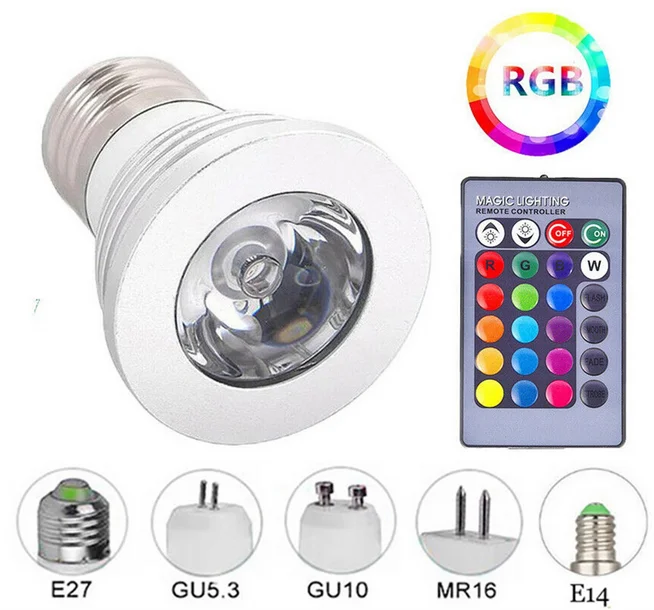 Фото 3 Вт E27 gu10 RGB Светодиодная лампа 16 цветов меняющая прожектор с пультом