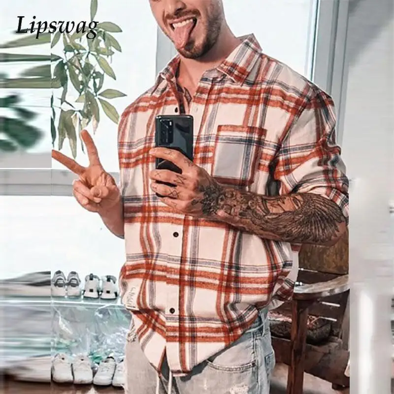 

Мужская Повседневная рубашка в клетку, кардиган на пуговицах с отложным воротником и длинными рукавами, уличная одежда в стиле Харадзюку, о...