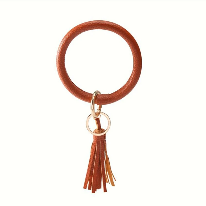 Bohemia Pu Leather Wristband Keychain Bangle Fashion Leopard Snake Gold Big Circle Key Ring Tassel Bracelet For Women | Украшения и