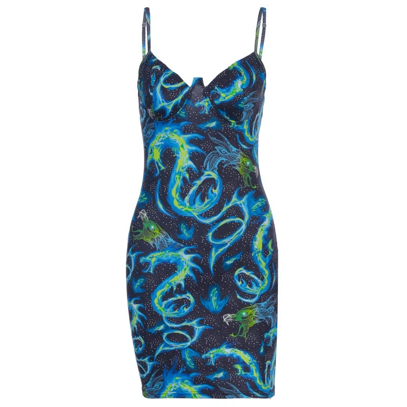 

Spaghetti Strap Mini Dress Bodycon Sleeveless Printing Dresses Fashion Ladies Rave Dress Streetwear