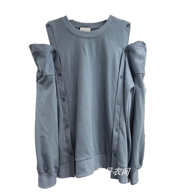 

Cool Sweatshirt Women 2020 Spring and Autumn New Button Design Off Shoulder Loose Pullover Shirt Solid Color T-shirt Top Student
