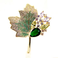 gorgeous two tone micro pave cz and colored stone green maple leaf brooch pin designer sweater suit dress coat canadian jewelry