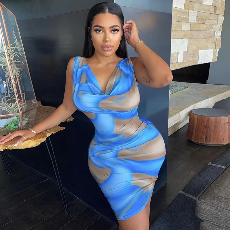 

Summer New Fashion Print Sleeveless V Neck Dress For Women Clothing Party Clubwear Streetwear Casual Urban Tank Mini Dress