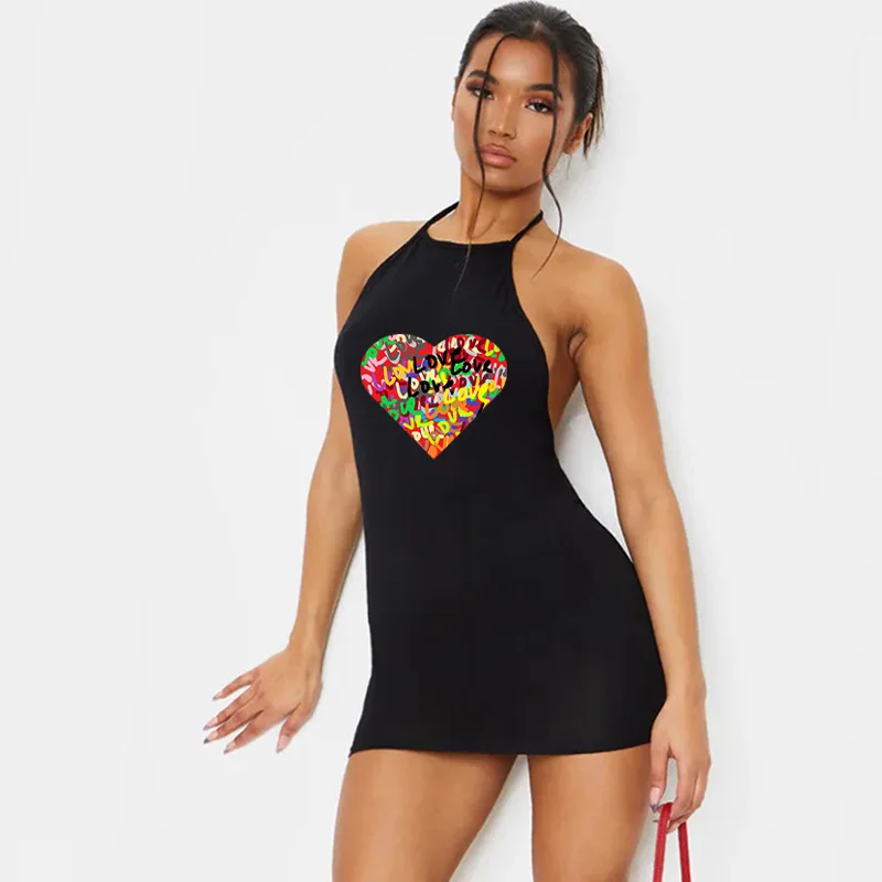 

Sexy Woman Mini Dresses Vintage Love Pattern Printing Vest Short Dresses Beach Party Dress Club Vestidos Robe Casual 2021 New