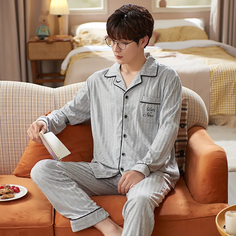 

Spring Autumn Knitted Cotton Long Pajama Sets Plus Size Casual Warm home clothes PJ Pyjamas Men's Sleep & Lounge Home Fashion