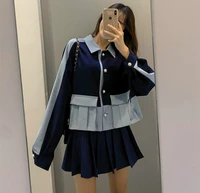 spliced blazer pleated skirts 2021 woman blue blazers mini skirt suit ruffles women suits clothing sets elegant fashion harajuku