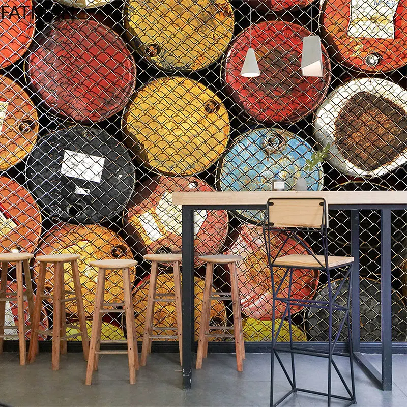 FATMAN Custom Background Wall Milk Tea Shop Internet Cafe Bar Industrial Style Mural Retro Tin Color Barrel Wallpaper Dropship |