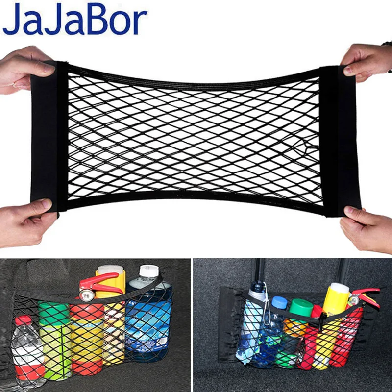 

JaJaBor Car Mesh Net Bag Back Trunk Seat Elastic String Pocket Cage Organizer Magic Sticker Storage Bag Car Accessories