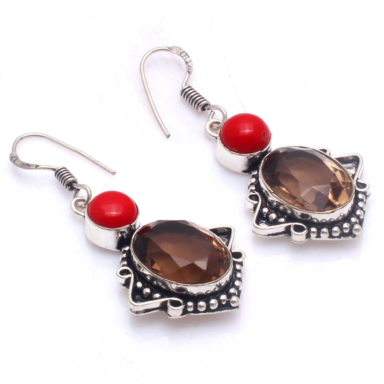 

Genuine Smoky Quartz + Coral Earrings Silver Overlay over Copper , Hand made Women Jewelry Gift, E5706