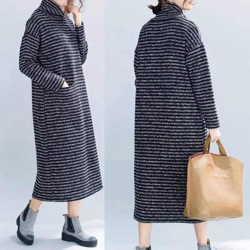 

Женское трикотажное платье в полоску, повседневное простое эластичное длинное платье в литературном ретро-стиле с высоким воротником, Осен...