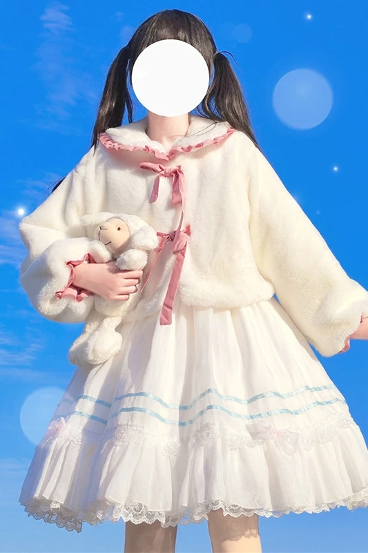 

Moko Japanese Style Cute Rabbit Ears Sailor Collar Plush Lolita Fleece Padded Coat Female Autumn and Winter sweet lolita coat