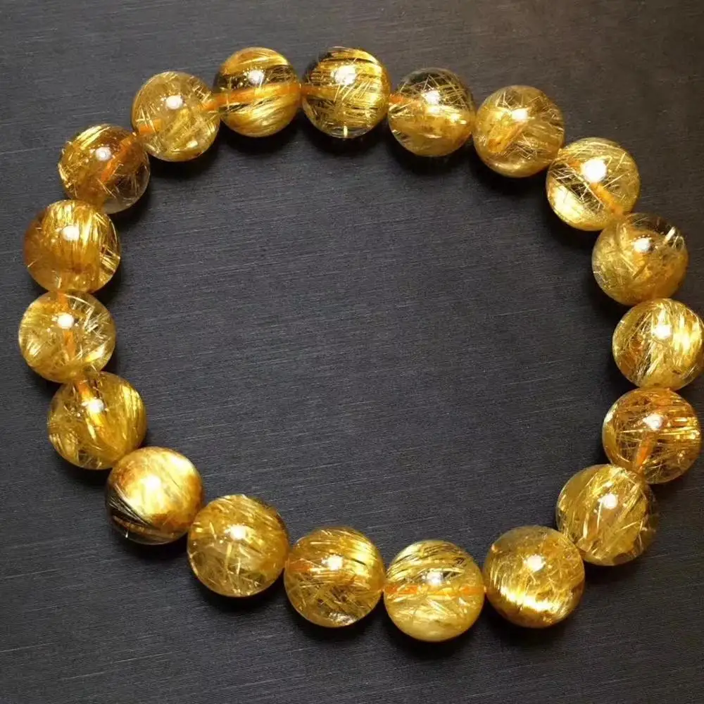 

10mm Genuine Natural Gold Rutilated Quartz Crystal Woman Man Titanium Wealthy Round Beads Bracelet Jewelry Bangle AAAA