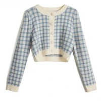 vintage plaid knitted cardigan korean short knit women coat 2020 autumn long sleeve o neck sweet crop top sweater