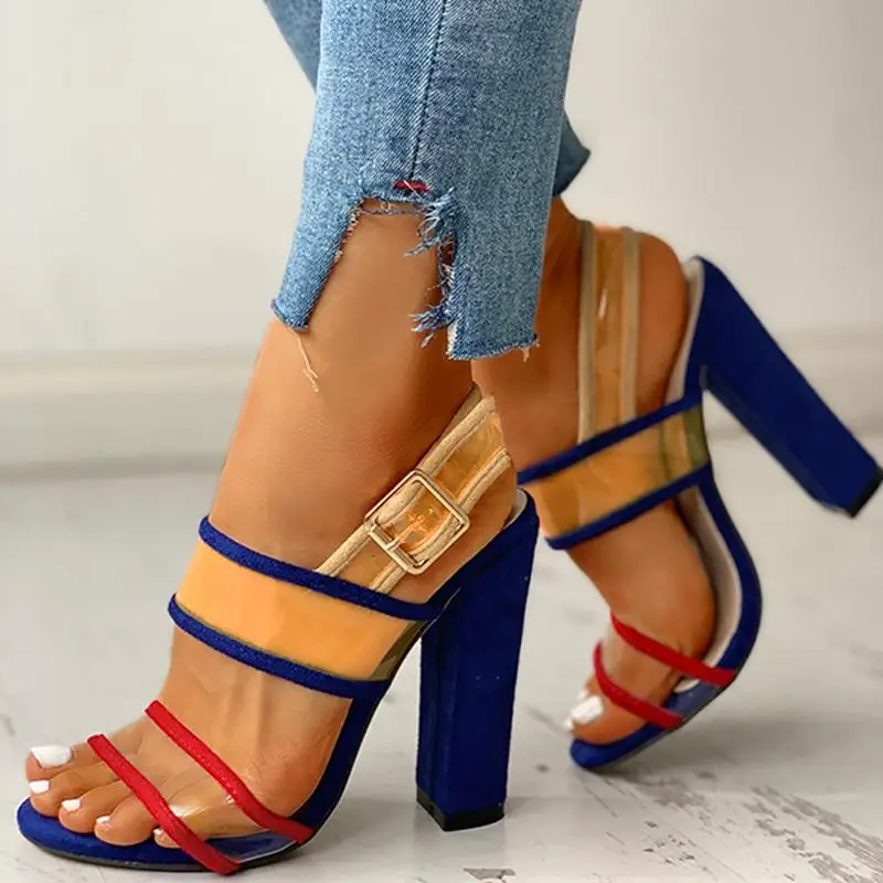 

Summer PVC Transparent Colorful Women Sandals Contrast Color Buckle Strap Peep Toe Chunky Heels