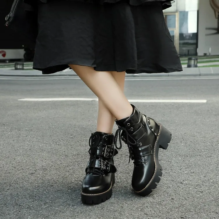 

Fashion Buckle Black Gothic Boots Woman Punk Lace-up Chunky Heels Ladies Short Boots Comfortable New Arrival Drop Ship