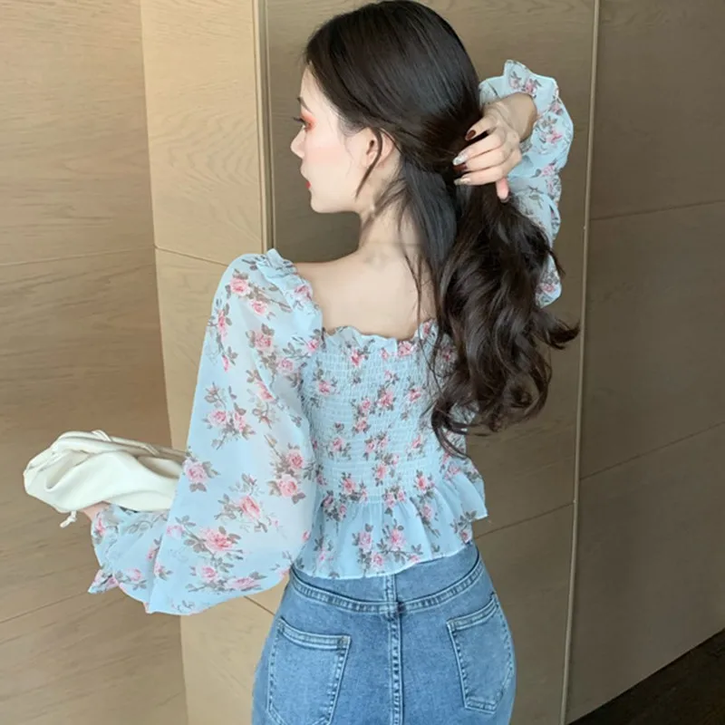 

Boho Style Floral Print Chiffon Shirt for Women Sexy Slash Neck Casual Long Sleeve Slim Blouses