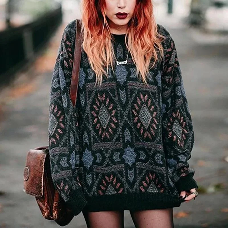

Autumn/Winter Retro High Street Loose Totem Printed Knitted Pullover Casual Long Sleeve O-neck Plaid Sweater Long Sleeve Woman