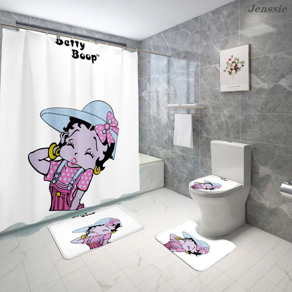 

Cartoon Betty Boop 3D Printed Shower Curtain Set with Non-slip Bath Mat Toilet Cover Waterproof Bathroom Decoration 4 Piece
