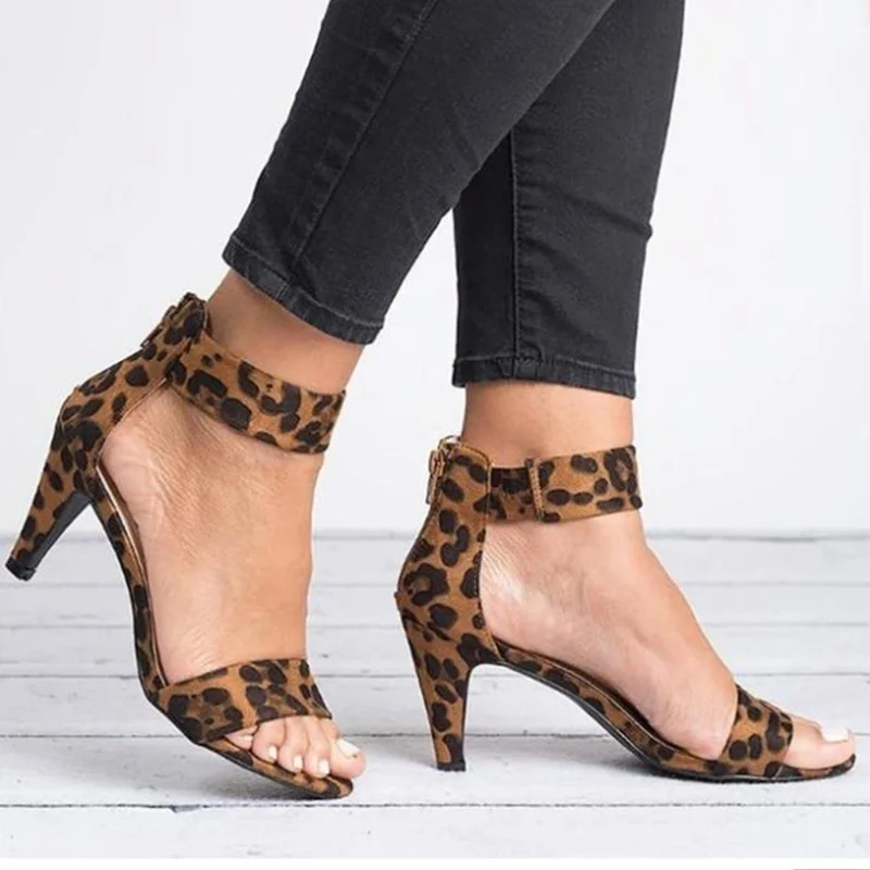

Women High Heels Shoes Summer Fashion Leopard Open Toe Zipper Ladies Sandals Solid Color Elegant Mature Outside Women's Sandals