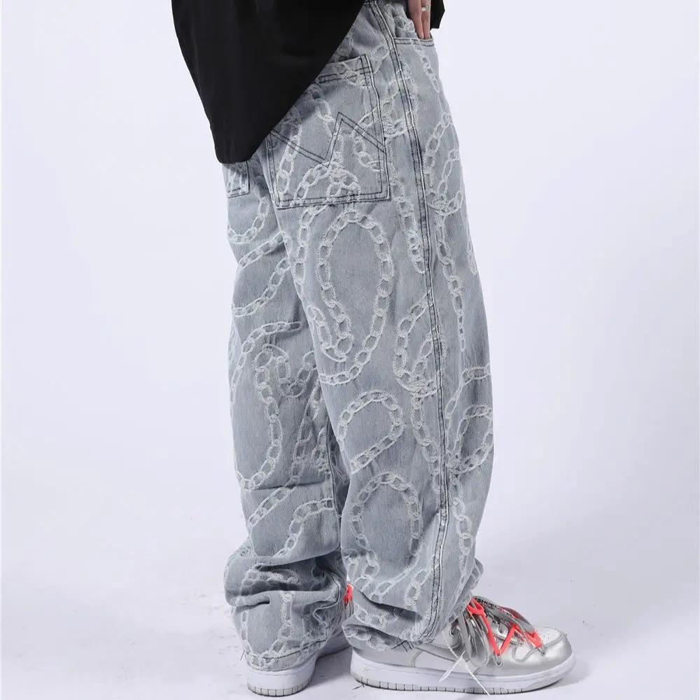 2021 Stylish Chain Jacquard Hip Hop Straight Men Baggy Jeans Trousers Dark Academia Style Casual Vintage Denim Pants Pantalones