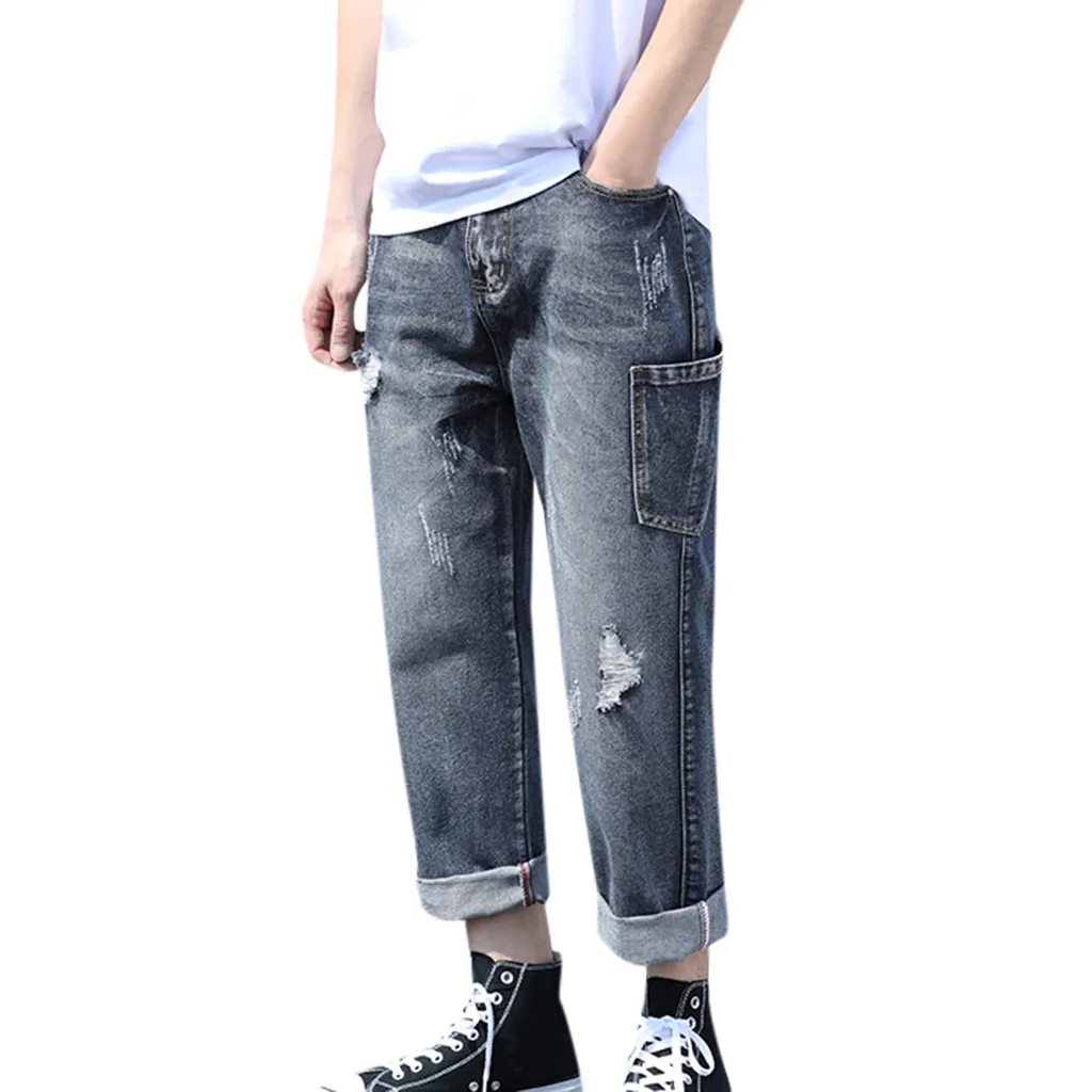 SAGACE мужские прямые свободные джинсы большого размера с дырками однотонные