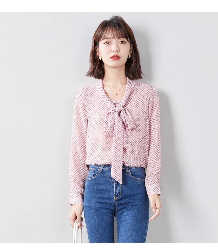 

Houthion Chiffon Slim Women's Blouses New Casual Blouse Bow Tie Polka Dot Printing Shirt Fashion Long Sleeve Top Lady Blusas