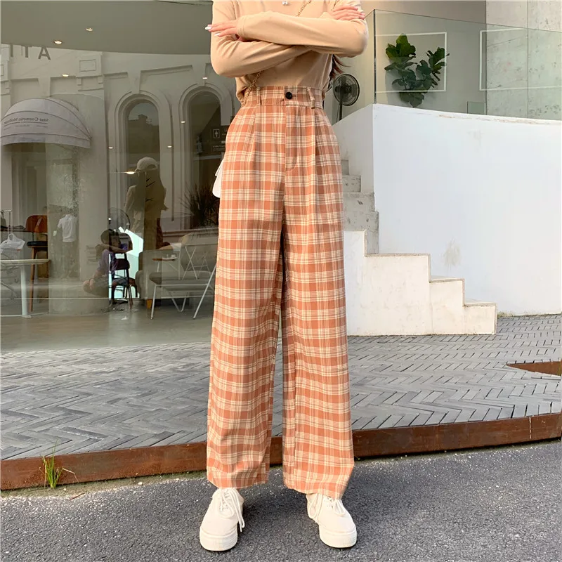 

2021 Simple Vintage Plaid Causal Long Women Pants Street Fashion Straight Wide Leg Pant