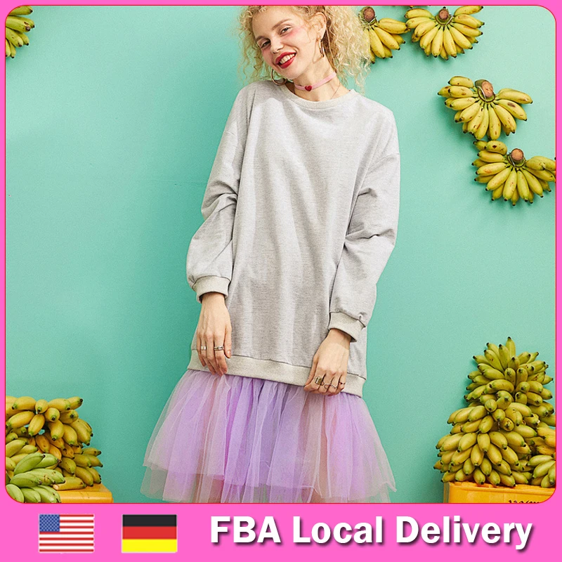 ELFSACK US & DE FBA Local Delivery Женская Толстовка и кружевное платье в стиле пэчворк осенняя