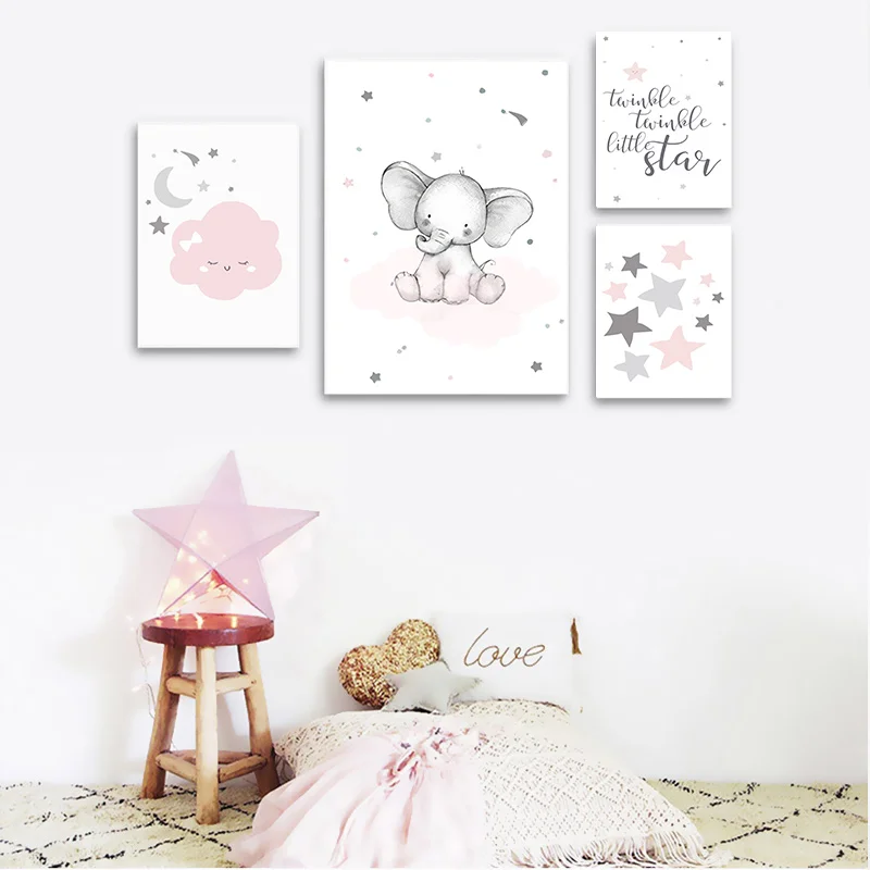 Розовая луна слон мультфильм детский холст цитаты печать настенная живопись