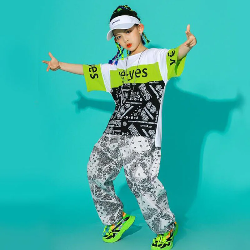 

Kids Hip Hop Show Clothing Print T Shirt Tops Street wear Cargo Shorts Pants For Girls Boys Jazz Dance Costume Stage Clothes