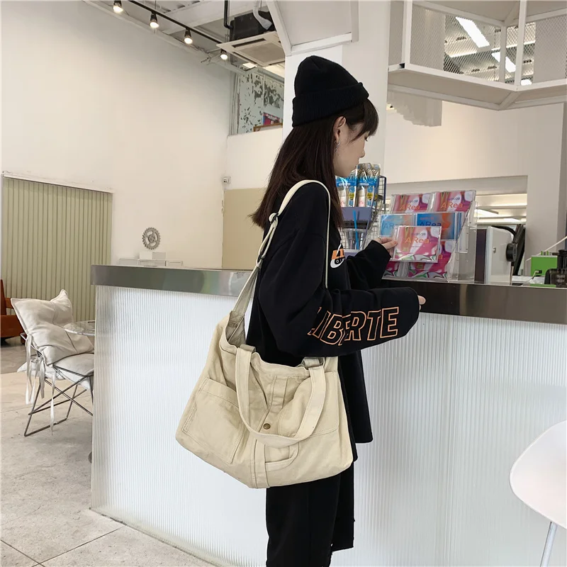 Большая вместительная Холщовая Сумка на плечо однотонная Мягкая джинсовая сумка