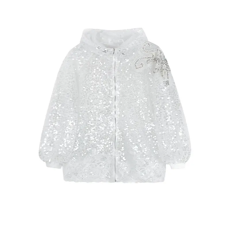 

XITAO Heavy Industry Jacket Sequins Diamond Splicing Mesh Women Sun Protection Jacket Coat Solid Color Summer New LDD1895