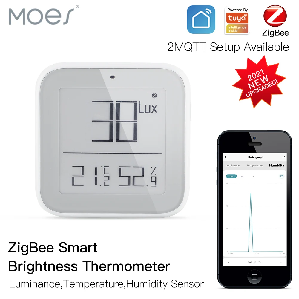 Moes Smart Zigbee Brightness Thermometer Real-time Light Sensitive Temperature and Humidity Sensor with Tuya Smart App mp3 fm inside and outside light sauna and household temperature control thermometer with led