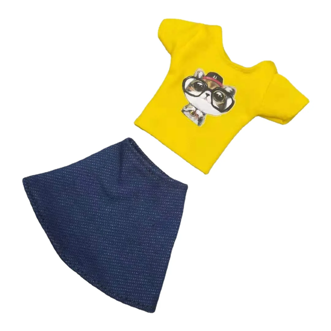 

1/6 BJD Doll Clothes for Barbie Outfit Set Yellow Cartoon Cat Shirt Top Jeans Denim Skirt for Blythe Dress 1:6 Dolls Accessories