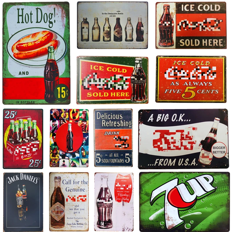 

Metal Plaques Tin Signs Ice Cold Cola Drinks Retro Art Poster Cafe Bar Kitchen Plate Painting Rustic Home Wall Stickers Decor
