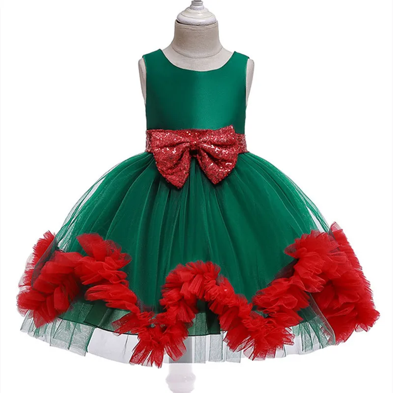 

Christmas Evening Dress Girl Princess Dress Lace Sequin Bow Tutu Green Red Xmas Elegant Dresses for Girls Present Girl Dresses