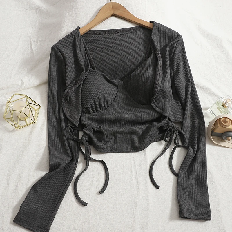 

2021 Autumn New casual Double Drawstring Chest Pad Camisole Vest With Short T-shirt Cardigan Shawl Top Two-piece sets Women