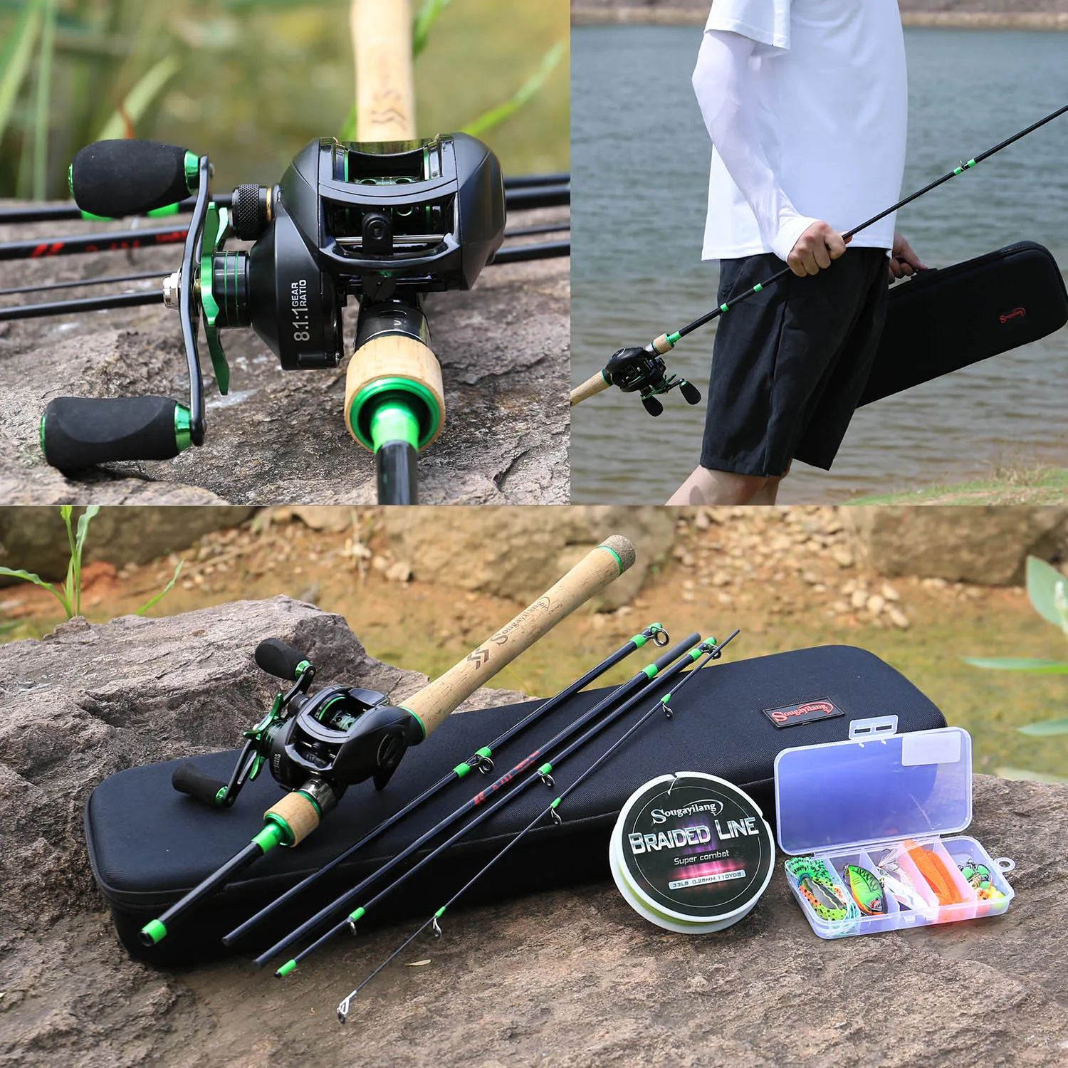 

Sougayilang 8.1:1 High Speed Baitcsting Reel Rod Full Kit 1.8-2.4m Carbon Fiber Casting Rod Set Fishing Line Lures Hooks Combo